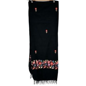 Vintage Eyeful 100% Wool Black Floral Embroidered Fringed Blanket Scarf